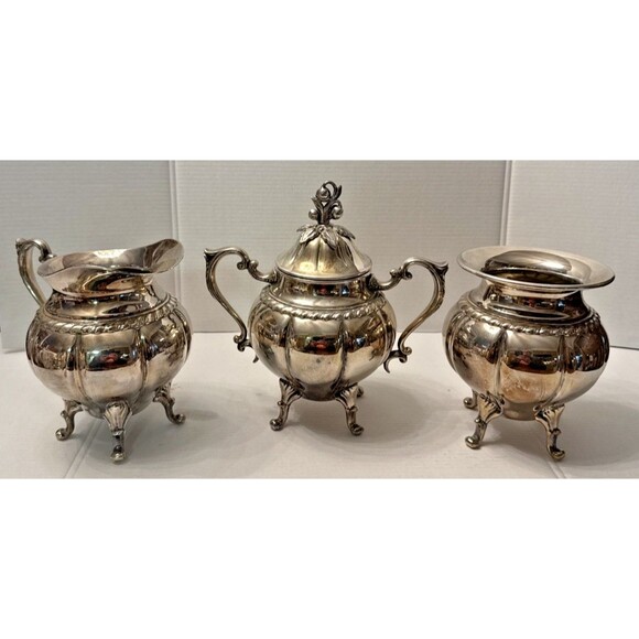 Vintage Sheridan Art Deco Silver on Copper Sugar and Creamer 3 Piece Set Footed - Picture 1 of 12